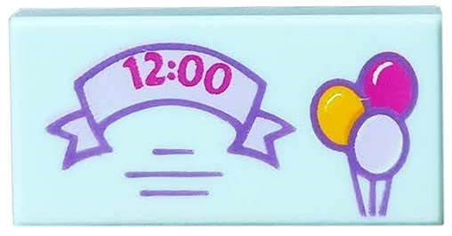 Lego (N) ~ Tile 1 x 2 with Bright Light Orange Lavender and Magenta Balloons '12:00'  ~ [Light Aqua]