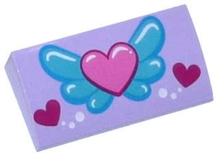 Lego (N) ~ Slope Curved 2 x 4 x 2/3 with Bottom Tubes with Pink Heart on Blue Wings Whi ~ [Lavender]