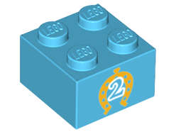 Lego (U) ~ Brick 2 x 2 with Gold Horseshoe with Hearts and White Number 2 Outline  ~ [Medium Azure]