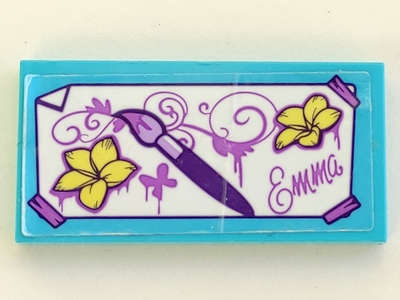 Lego (U) ~ Tile 2 x 4 with Dark Purple Paint Brush Bright Light Yellow Flowers Med ~ [Medium Azure]