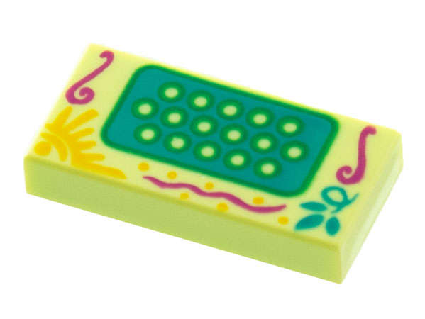 Lego (N) ~ Tile 1 x 2 with Accordion Keys on Dark Turquoise Panel Magenta Filigr ~ [Yellowish Green]