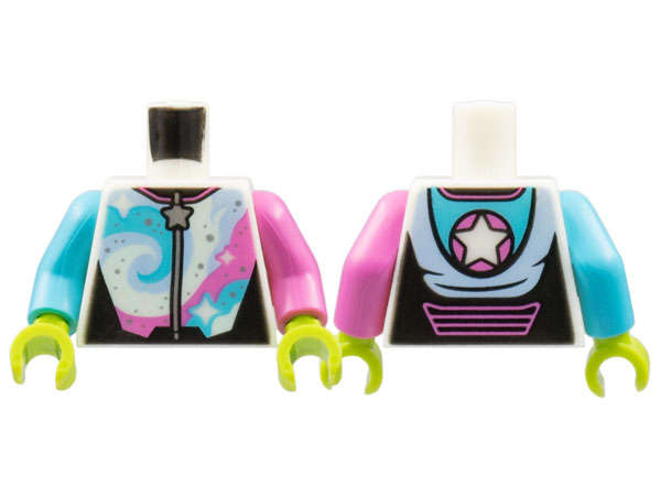 Lego (N) ~ Torso Jumpsuit Silver Star Zipper Stars on Dark Pink and Medium Az ~ [Glow In Dark White]