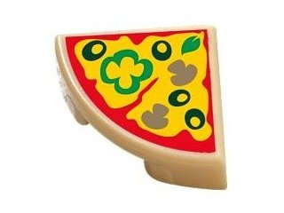 Lego Used - Tile Round 1 x 1 Quarter with Pizza Slice with Green Peppers Mushrooms,and Blac~ [Tan]