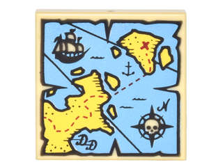 Lego (N) ~ Tile 2 x 2 with Map Blue Water Yellow Land Black Pirate Ship Compass Rose White S ~ [Tan]