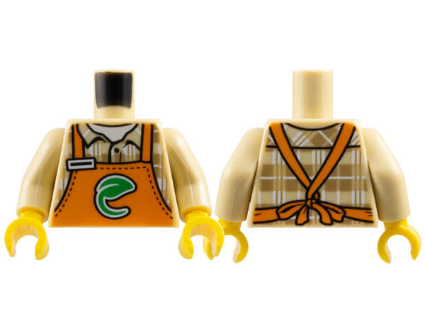 Lego (N) ~ Torso Orange Apron with Green Leaf over Dark Tan and White Plaid Shirt Pattern /  ~ [Tan]