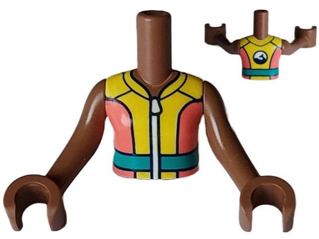 Lego (N) ~ Torso Mini Doll Girl Coral and Yellow Wetsuit with White Zipper Dark Tur ~ [Medium Brown]