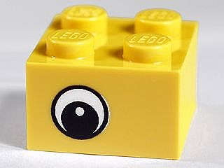 Lego (N) ~ Brick 2 x 2 with Black and White Eye Offset with Dot in Pupil Pattern on Oppos ~ [Yellow]
