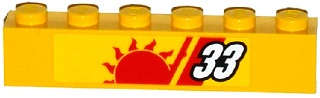 Lego (U) ~ Brick 1 x 6 with White '33' Red Stripes and Sun Pattern Model Left Side (Stic ~ [Yellow]
