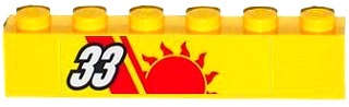 Lego (U) ~ Brick 1 x 6 with White '33' Red Stripes and Sun Pattern Model Right Side (Sti ~ [Yellow]