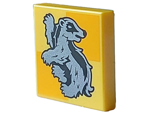 Lego (N) ~ Tile 2 x 2 with Silver Hufflepuff Crest on Bright Light Orange Squares Pattern ~ [Yellow]