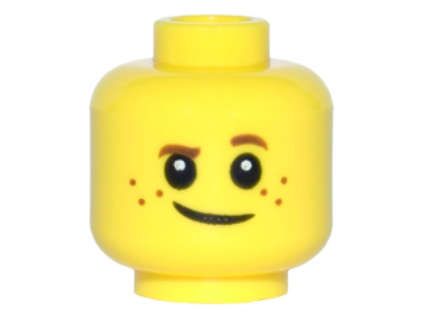 Lego (N) ~ Minifigure Head Child Brown Eyebrows Raised Left Eyebrow Freckles White Pupils ~ [Yellow]