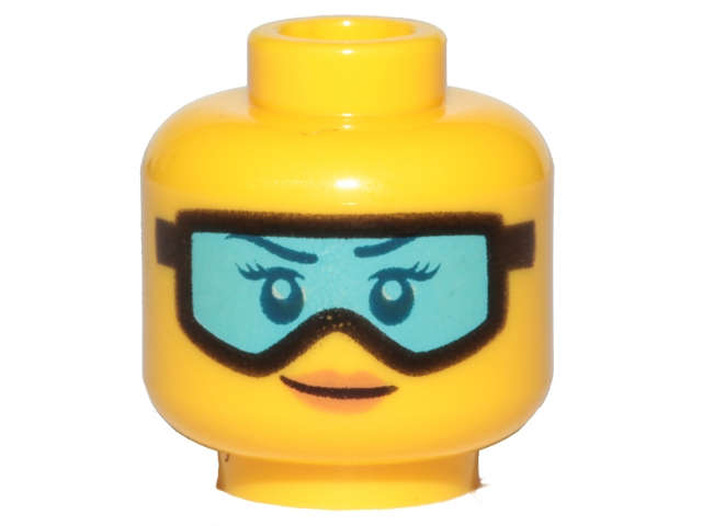 Lego (N) ~ Minifigure Head Female Dark Blue Eyebrows Eyelashes and Eyes Black Ski Goggles ~ [Yellow]