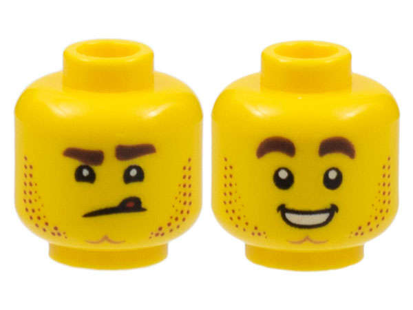 Lego (N) ~ Minifigure Head Dual Sided Stubble Dimpled Chin Angry Scowl with Tongue / Smil ~ [Yellow]