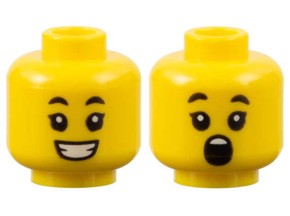 Lego (N) ~ Minifigure Head Dual Sided Child Black Eyebrows Single Eyelashes Open Mouth Sm ~ [Yellow]
