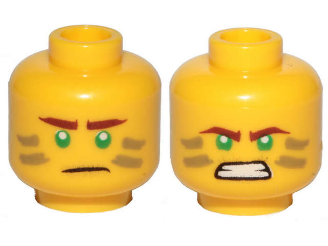 Lego (N) ~ Minifigure Head Dual Sided Reddish Brown Eyebrows Green Eyes Dark Tan Stripes  ~ [Yellow]