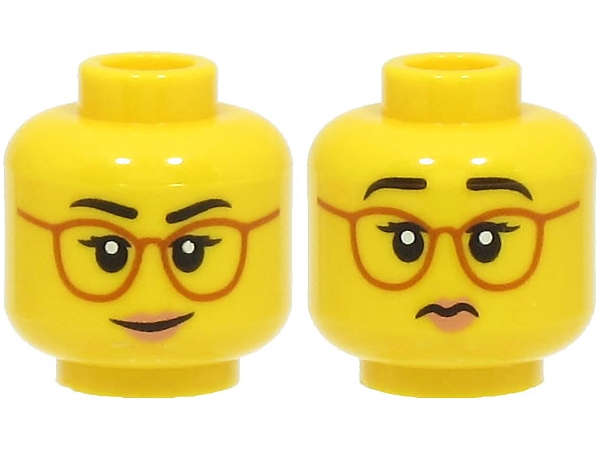Lego (N) ~ Minifigure Head Dual Sided Female Black Eyebrows Dark Orange Glasses Medium No ~ [Yellow]