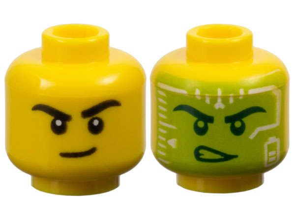 Lego (N) ~ Minifigure Head Dual Sided Black Eyebrows and Lopsided Grin / Dark Green Eyebr ~ [Yellow]