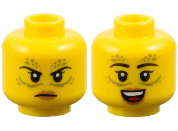 Lego (N) ~ Minifigure Head Dual Sided Female Black Eyebrows Olive Green Spots and Lines M ~ [Yellow]