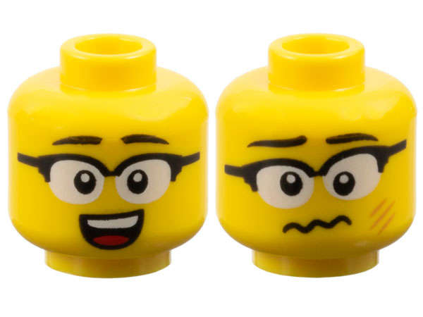 Lego (N) ~ Minifigure Head Dual Sided Black Eyebrows Glasses with White Lenses Open Mouth ~ [Yellow]
