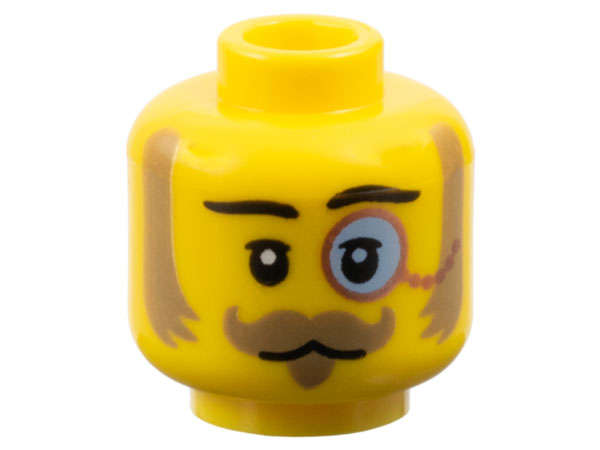 Lego (N) ~ Minifigure Head Black Eyebrows Upper Eyelids Dark Tan Mutton Chops Curled Mous ~ [Yellow]
