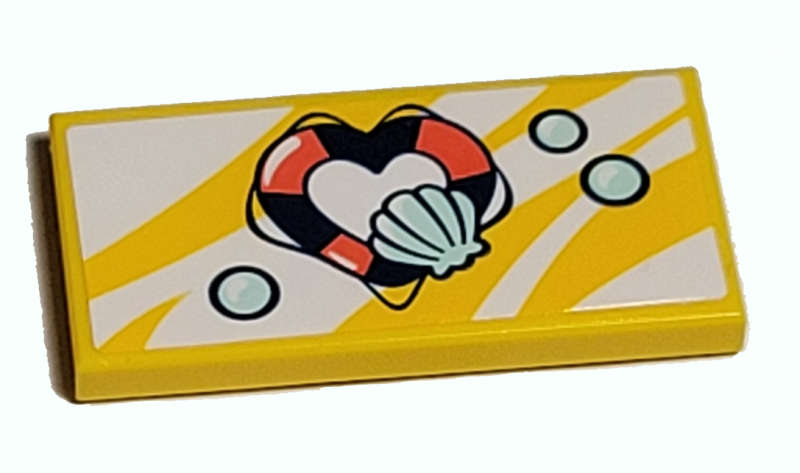 Lego (U) ~ Tile 2 x 4 with Coral and Dark Blue Heart-Shaped Life Preserver Light Aqua Sh ~ [Yellow]