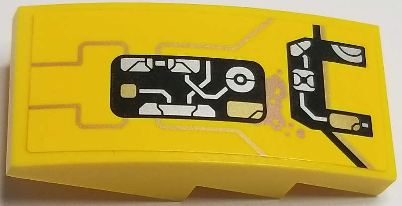 Lego (U) ~ Slope Curved 4 x 2 with Gold Lines and Open Machinery Panels and Dirt Smudge  ~ [Yellow]