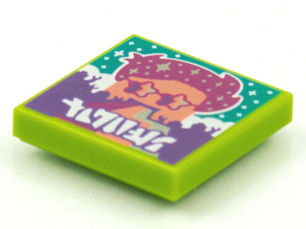Lego (N) ~ Tile 2 x 2 with BeatBit Album Cover - Coral Minifigure Magenta Hair and Star Gla ~ [Lime]