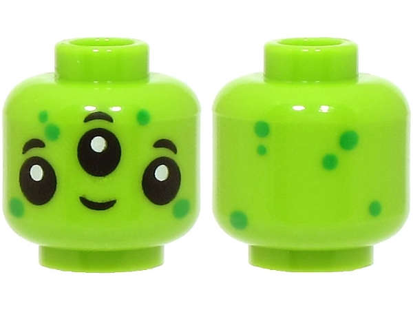 Lego (N) ~ Minifigure Head Alien with 3 Black Eyes and Eyebrows Bright Green Dots Grin Patt ~ [Lime]