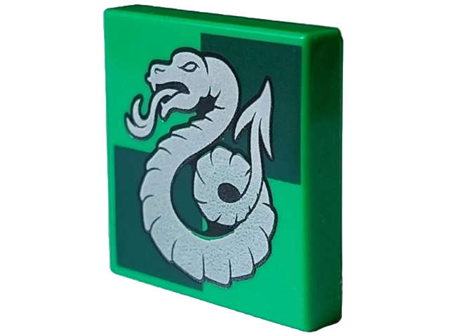 Lego (N) ~ Tile 2 x 2 with Silver Slytherin Crest on Dark Green Squares Pattern ~ [Bright Green]