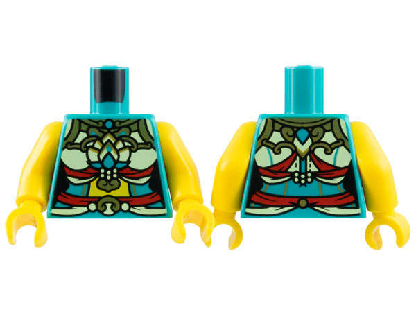 Lego (N) ~ Torso Female Top Yellowish Green Ornate Costume Red Ribbons Gold Trim  ~ [Dark Turquoise]