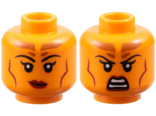Lego (N) ~ Minifigure Head Dual Sided Female Black Eyebrows Dark Orange Forehead Markings ~ [Orange]