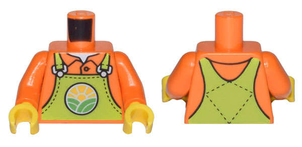 Lego (N) ~ Torso Lime Overalls with Bright Green Hills and Yellow Sun over Shirt with Col ~ [Orange]