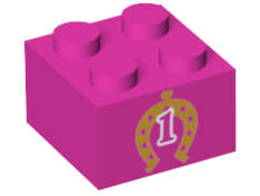 Lego (U) ~ Brick 2 x 2 with Gold Horseshoe with Hearts and White Number 1 Outline Pat ~ [Dark Pink]