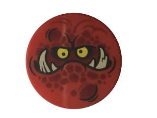 Lego (N) ~ Tile Round 2 x 2 with Bottom Stud Holder with Globlin Face with Large Teeth Patte ~ [Red]