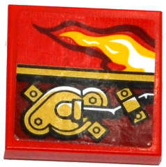Lego (U) ~ Tile 2 x 2 with Flame and Gold Mechanical Pattern Model Right Side (Sticker) - S ~ [Red]