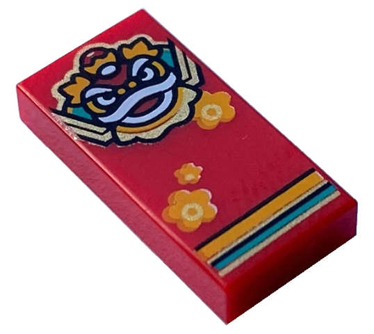 Lego (N) ~ Tile 1 x 2 with Bright Light Orange White Dark Turquoise and Gold Lion / Nian Hea ~ [Red]