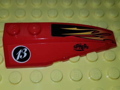 Lego (U) ~ Wedge 6 x 2 Right with Orange and Black Flames Black 'SPHERE' and White '13' Pat ~ [Red]