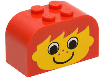 Lego (U) ~ Slope Curved 4 x 2 x 2 Double with 4 Studs with Yellow Face with Eyes Freckles a ~ [Red]