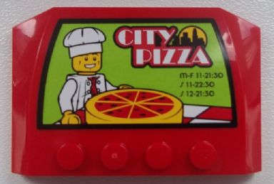 Lego (U) ~ Wedge 4 x 6 x 2/3 Triple Curved with Chef and 'CITY PIZZA' and Open Hours Patter ~ [Red]