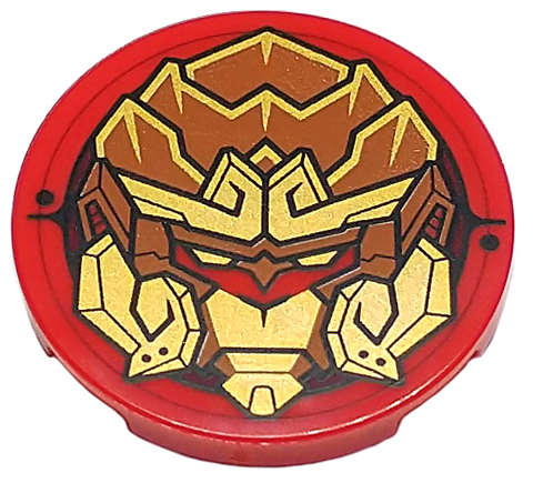 Lego (N) ~ Tile Round 3 x 3 with Dark Orange and Gold Monkey King Robot Head Pattern ~ [Red]