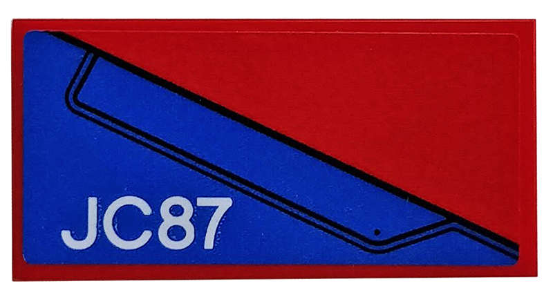 Lego (U) ~ Tile 2 x 4 with Blue Wing Panel and 'JC87' on Red Background Pattern Model Right ~ [Red]