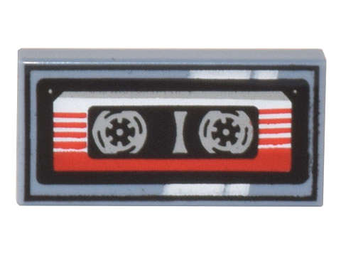 Lego (N) ~ Tile 1 x 2 with Cassette Tape with Red and White Striped Label and Black Fr ~ [Sand Blue]