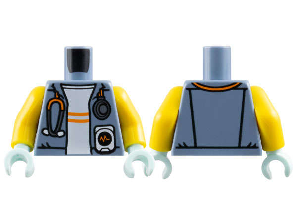 Lego (N) ~ Torso Jacket Open with Silver and Orange Stethoscope over White Shirt with  ~ [Sand Blue]
