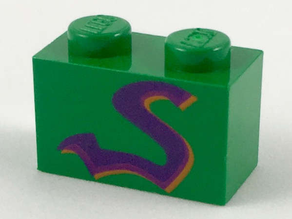 Lego (U) ~ Brick 1 x 2 with Purple Snake Pattern ~ [Green]