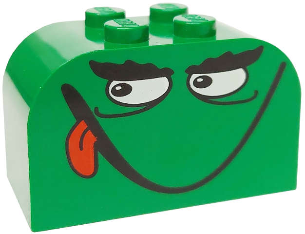 Lego (U) ~ Slope Curved 4 x 2 x 2 Double with 4 Studs with Monster Face Smiling Tongue Pa ~ [Green]