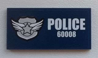 Lego (U) ~ Tile 2 x 4 with Silver Star Badge and White 'POLICE 60008' on Dark Blue Ba ~ [Dark Blue]
