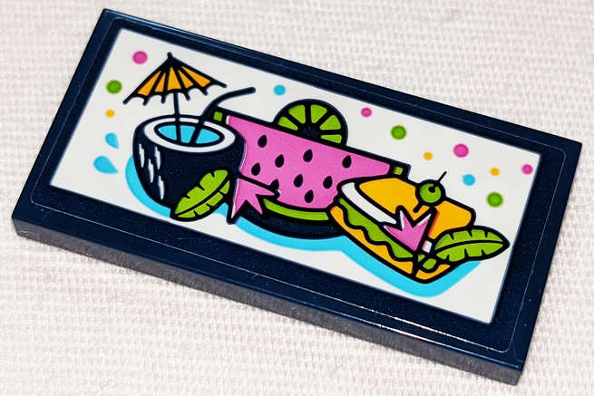 Lego (U) ~ Tile 2 x 4 with Cocktail Watermelon and Sandwich Pattern (Sticker) - Set 4 ~ [Dark Blue]