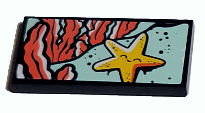 Lego (U) ~ Tile 2 x 4 with Yellow Starfish and Coral Seaweed Pattern (Sticker) - Set  ~ [Dark Blue]