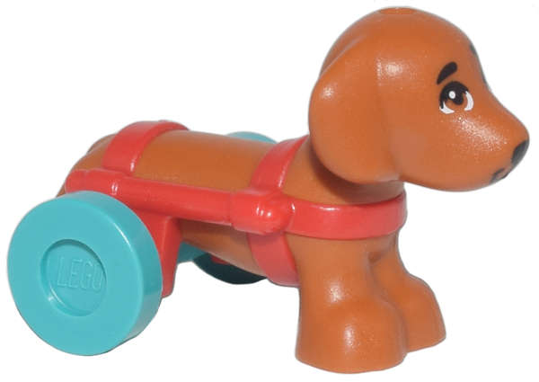 Lego Used - Dog Friends Dachshund with Red Wheelchair Harness with Dark TurquoiseWh~ [Dark Orange]