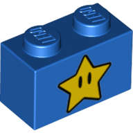 Lego (N) ~ Brick 1 x 2 with Yellow Star with Black Eyes Pattern ~ [Blue]